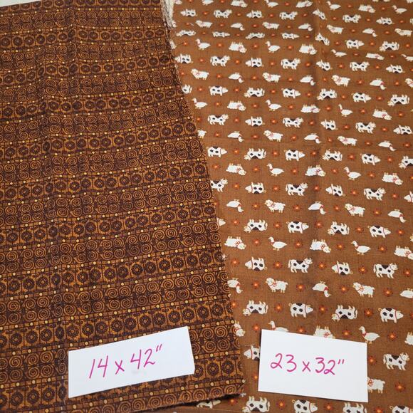 Cotton Fabric Lot 2 Pcs Farm Animal Cow Print & Geo 23x32–14x42" Brown Scraps - Picture 1 of 8